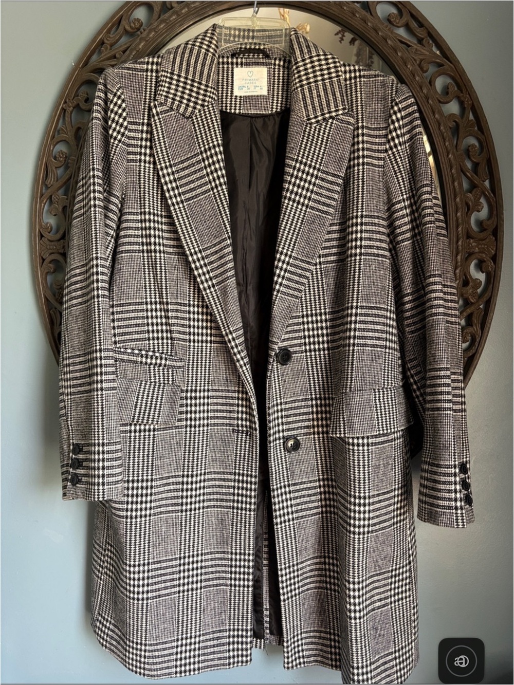 Primark Black and White Plaid Long Blazer Coat